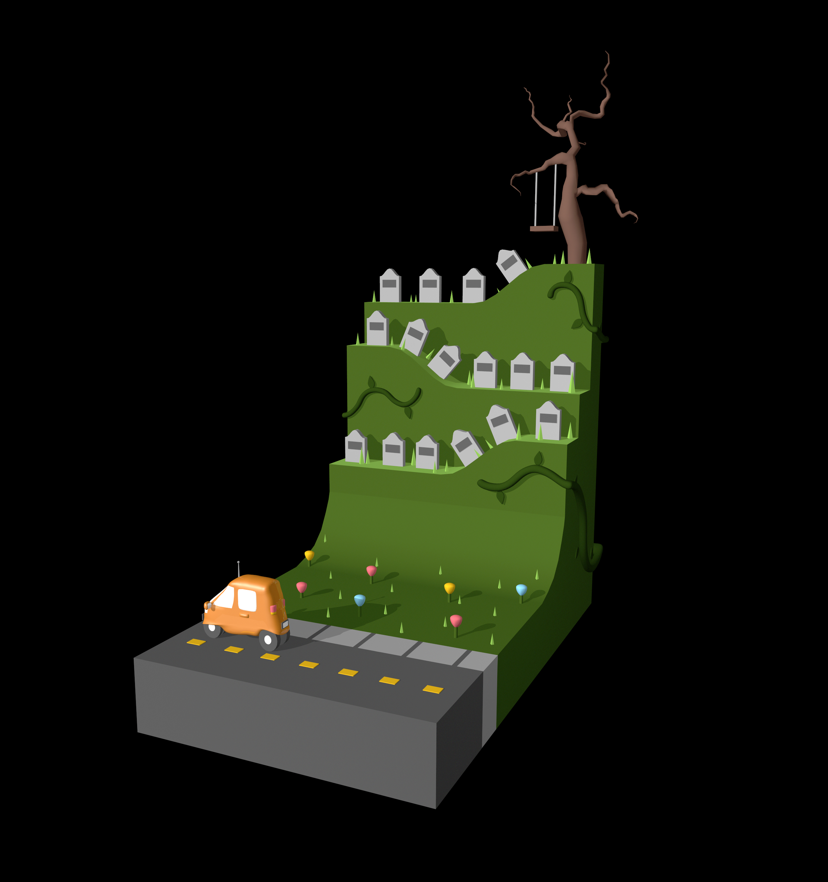 3D environment depicting an orange car on a road by a flower field underneath a hilltop graveyard with a dead tree with a swing hanging from the branches. 